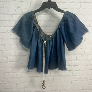 Azul Cielo off shoulder retro hippie denim cropped top size 8 ties